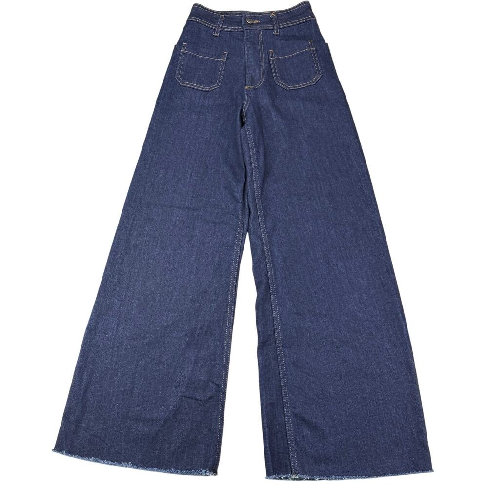 ZARA Wide Leg Patch Pocket High Rise Jeans Size 0 Raw Hem Blue - Picture 2 of 5